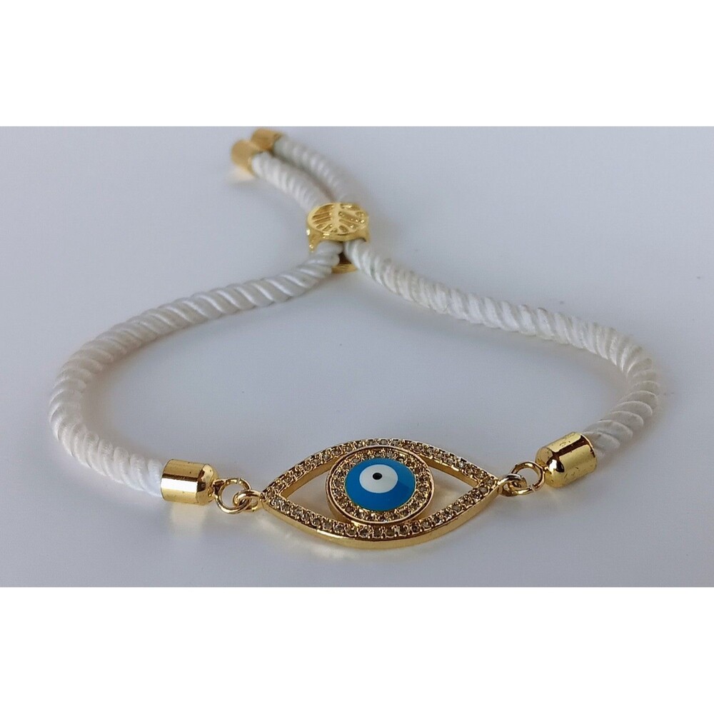 Turkish Goldplated Rhinestone Evil Eye Pull Cord Bracelet adj up to 8 in